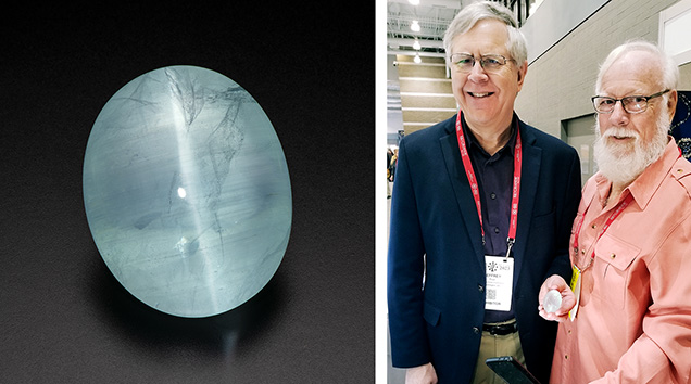 Figure 1. Left: A 586.43 ct cat’s-eye aquamarine donated by Gary Bowersox and Kathleen Kolt-Bowersox to the Smithsonian National Museum of Natural History gem collection. Photo by Robert Weldon; courtesy of the Smithsonian National Museum of Natural History. Right: Dr. Jeffrey Post (left) and Gary Bowersox with the cat’s-eye aquamarine. Photo by Kathleen Kolt-Bowersox.