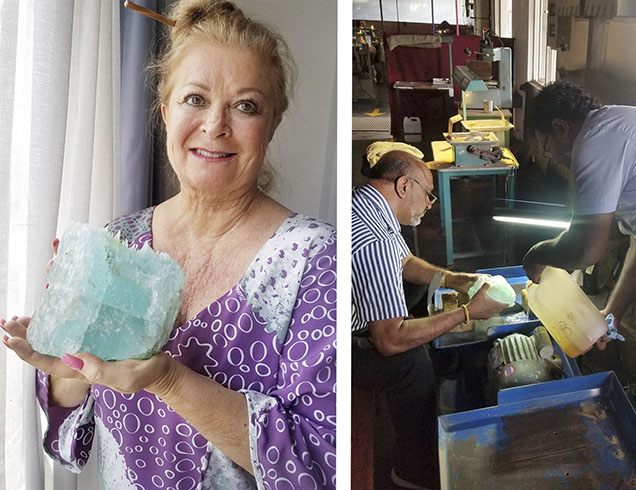 Figure 2. Left: Kathleen Kolt-Bowersox holding the 7,700 ct aquamarine rough before it was cut. Right: The rough aquamarine was cut and polished in Sri Lanka by Rohitha Perera. Photos by Gary Bowersox.