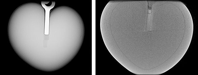 Figure 2. X-ray images from RTX (left) and CT (right) show the demarcation of a heart-shaped bead nucleus with an average nacre thickness of 0.80 mm.