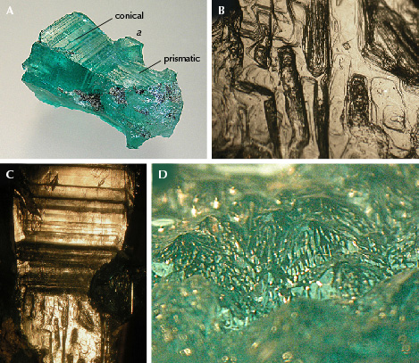 Figure 11. A: Sample 10 (25.0 mm in length), an emerald with conical habit in the upper left and prismatic habit in the lower right; the base is covered with numerous hillocks; a protrusion at the conical part represents a growth sector confined to the prism <em>a</em>. B: Stepped surface texture of the prismatic part. C: Growth steps at the prismatic part (bottom) and the conical part (top), and the <em>c</em>-axis runs vertically. D: On the basal face, the surfaces of the hillocks consist of numerous small faces that reflect light; viewed oblique to the <em>c</em>-axis. Photos by K. Schmetzer; fields of view 5.7 mm (B), 9.5 mm (C), and 5.0 mm (D).