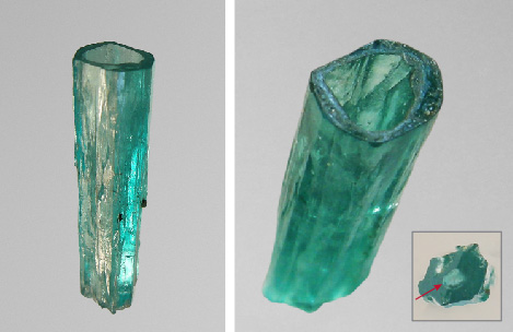 Figure 21. Emerald crystal (sample 22, 14.4 mm in length) in the form of a slightly conical hollow tube (left), with openings at both ends (right). The lower end of the crystal (right, inset) was cut artificially and shows a hole (arrow). Photos by K. Schmetzer.