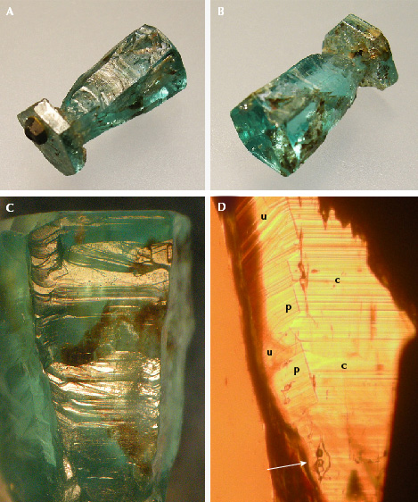 Figure 9. A and B: Sample 8 (9.8 mm in length), an emerald crystal with conical shape and a tabular part, with a pyrite crystal attached to the tabular part. C: Growth steps on the surface of the conical part of the crystal. D: Viewed in immersion, internal growth planes parallel to the basal face <em>c</em> and parallel to the hexagonal dipyramids <em>p</em> and <em>u</em>, as well as a three-phase inclusion with two salt cubes and one gas bubble in a liquid-filled cavity (arrow); the <em>c</em>-axis runs vertically. Photos by K. Schmetzer; fields of view 5.7 mm (C) and 2.2 mm (D).