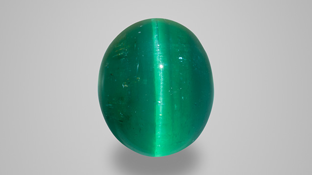 Double cabochon cat’s-eye emerald weighing 5.11 ct and measuring 10.77 × 8.95 × 7.39 mm, from Goiás State, Brazil. Photo by Robert Weldon; courtesy of Douglas M. Liebman Estate Jeweler.