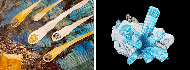 Figure 1. Left: “Meteorites,” a mosaic by Leonardo Scarpelli. A labradorite background gives a strong sense of light shining in the night sky as the observer moves. Right: The “Starburst” mosaic by Leonardo Scarpelli. Larimar proved the perfect material to reproduce aquamarine’s transparency and color. Photos by Cristiano Brigida; courtesy of Scarpelli Mosaici.