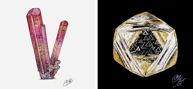 Figure 2. Watercolors of tourmaline with albite (left) and a diamond crystal from Kimberley, South Africa (right). Photos by Cristiano Brigida; courtesy of Ksenia Levterova.