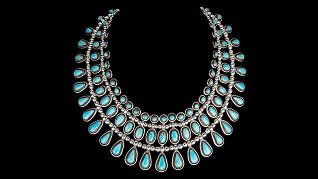 Figure 1. “Cleopatra” sterling silver necklace designed by Frank Patania Sr., featuring 99 Morenci turquoise stones. Photo by Robert Weldon; courtesy of Patania Jewelry.