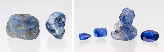 Figure 1. Left: Two Kashmir sapphire rough crystals: 77.00 ct unheated (left) and 25.20 ct heated (right). Right: Unheated Kashmir sapphires. Left to right: 1.29 ct pear shape, 2.60 ct cushion cut, 21.09 ct dragon carving, and 4.08 ct oval cut. Photos by Robert Weldon; courtesy of Eddie Cleveland of KashmirBlue and Jeffery Bergman of EighthDimensionGems.