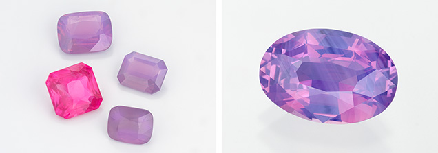 Figure 6. Sapphire and spinel with a visible silky haze creating a glowing, sleepy appearance were popular throughout the shows. Left: Four emerald-cut Mahenge spinel (clockwise from top: 3.00 ct purple, 1.77 ct purple, 2.40 ct purple, and 3.71 ct hot pink). Courtesy of Bryan Lichtenstein. Right: A 4.50 ct “opalescent” unheated sapphire from Sri Lanka. Courtesy of Misfit Diamonds. Photos by Robert Weldon.