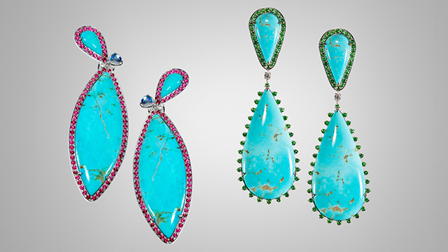 Figure 8. Two pairs of earrings designed and crafted by Caroline Chartouni using Sleeping Beauty turquoise rough she acquired more than 10 years ago. The left pair is 18K white gold with 64.53 carats of turquoise, two cabochon moonstones, and 4.40 carats of hot pink spinel. The right pair is 18K white gold with 107.30 carats of turquoise, 4.64 carats of tsavorite garnet, and 0.19 carats of diamond. Photos by Kalim Corey; courtesy of Caroline C.