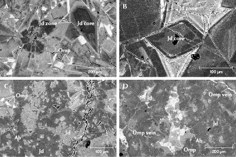 Figure 10. BSE images of Guatemalan “ice jade” samples. A: Fragmented jadeite crystals with zoning. The bright grains are omphacite (sample GB-9). B: Chemical zoning of jadeite crystals. Several different gray contrast zones surrounded the dark core (sample GB-1). C: Fine grains (50–100 μm) of jadeite with different contrast. The bright grains are omphacite. A small albite grain is surrounded by jadeite (sample GB-5). D: Omphacite veins and grains filled in jadeite matrix (sample GB-4). Jd-jadeite; Omp-omphacite; Ab-albite.