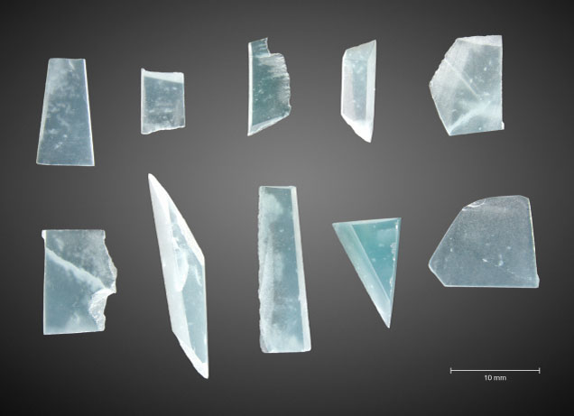Figure 3. Guatemalan “ice jade” samples (0.086−0.770 g). The top row left to right is GB-1 to GB-5, and the bottom row left to right is GB-6 to GB-10. Photo by Z. Huang.