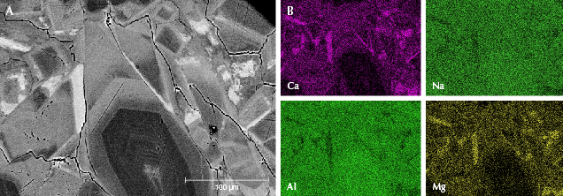 Figure 8. Element mapping of sample GB-9 using EDS. A: The BSE image shows jadeite crystals with zoning and omphacite forming on the boundary of jadeite. B: Element mapping of the sample for calcium, sodium, aluminum, and magnesium.