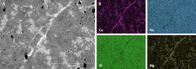 Figure 9. Element mapping of sample GB-10 using EDS. A: The BSE image of an omphacite vein distributed in the jadeite matrix. B: Element mapping of the sample for calcium, sodium, aluminum, and magnesium.