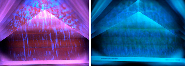 Figure 2. DiamondView fluorescence images collected on the originally submitted CVD-grown diamond (left, from Spring 2022 Lab Notes) exhibited no evidence of post-growth treatment, while the recent submission (right) showed signs of HPHT treatment. Images by Stephanie Persaud (left) and GIA staff (right).