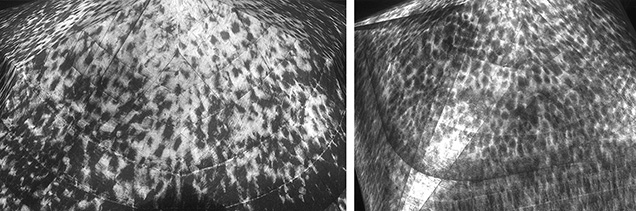 Figure 4. Comparison of the cathodoluminescence images from before HPHT treatment (left, from Spring 2022 Lab Notes) and afterward (right) showed no observable differences. Images by Elina Myagkaya.