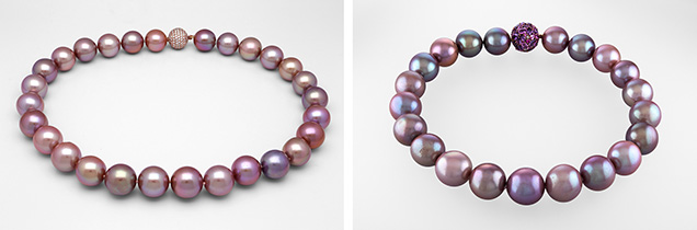 Figure 1. These two necklaces consisting of large freshwater cultured pearls displayed strong hues with orient. Photos by Sood Oil (Judy) Chia; courtesy of Yvel.