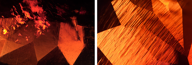 Figure 2. Left: A clean and reflective surface-reaching fracture was seen under the table; field of view 3.57 mm. Right: Abundant transparent graining, scattered particles, and thin films were seen throughout the stone; field of view 2.34 mm. Photomicrographs by Britni LeCroy.