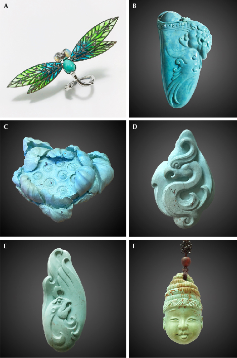 Figure 2. Turquoise with various colors from Tianhu East, mined during the 2010s. A: A ring set with turquoise (1.2 × 0.8 × 0.6 cm). B–F: Carved turquoise pendants measuring 4.5 × 2.5 × 1.2 cm (B), 7.0 × 5.0 × 3.5 cm (C), 4.0 × 1.9 × 0.6 (D), 5.5 × 2.4 × 0.5 cm (E), and 4.5 × 2.5 × 1.6 cm (F). Photos courtesy of Haitao Wang (A, C, D, E, and F) and Hanqing Dai (B).