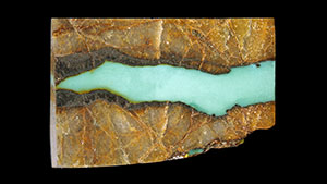 Figure 7. Turquoise collected from the Tianhu East mines. Greenish blue (3.11 g) turquoise sample investigated in this research. The matrix consists of quartzite with limonization. Photo by Ling Liu and Qiaoqiao Li.