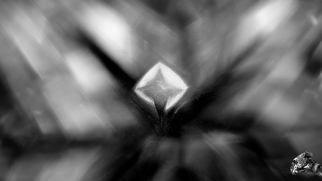 This patchy cloud with an uneven distribution of pinpoints observed in a natural diamond appears to depict a celestial star. The image was captured in monochrome. Photomicrograph by Tejas Jhaveri; field of view 2.9 mm.