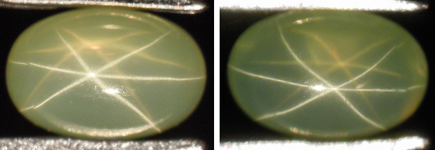 Light yellowish green sapphire with dual-color double asterism, before and after grinding and repolishing