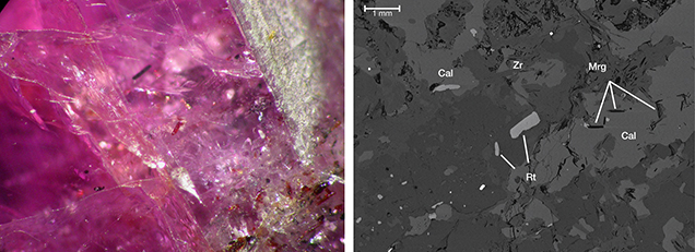 A photomicrograph of inclusions in ruby and a backscattered electron image of inclusions in pink sapphire, both from Snezhnoe, Tajikistan