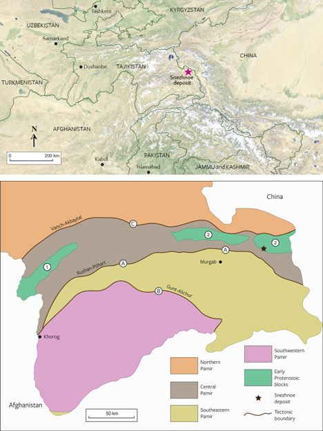 Map of the Snezhnoe marble-hosted ruby deposit in Central Asia. Bottom: A regional geological map of the Pamir Mountains of Tajikistan