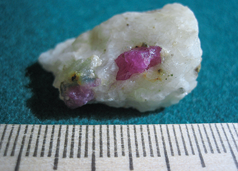 Ruby crystals within a calcitic marble at Snezhnoe, Tajikistan