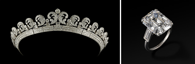 Queen Elizabeth II’s Halo Tiara (left) and Grace Kelly’s engagement ring (right).