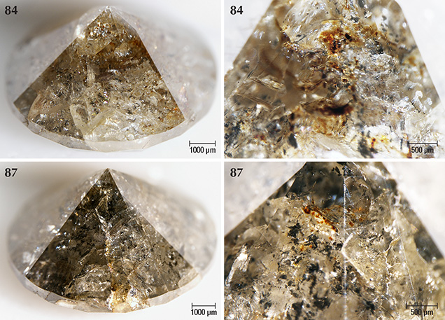 Marange diamonds that are lightly colored by brown radiation stains but also contain graphite needles