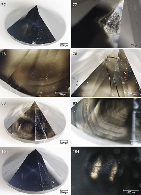 Four Marange diamonds that contain clouds of micron-sized inclusions of graphite that impart a dark appearance