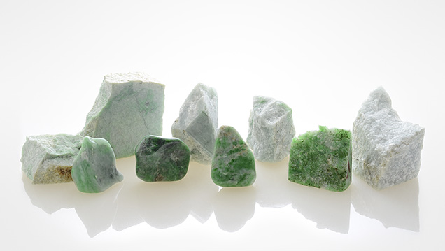 Jadeite from Levoketchpel (back row) and Polar Urals (front row).