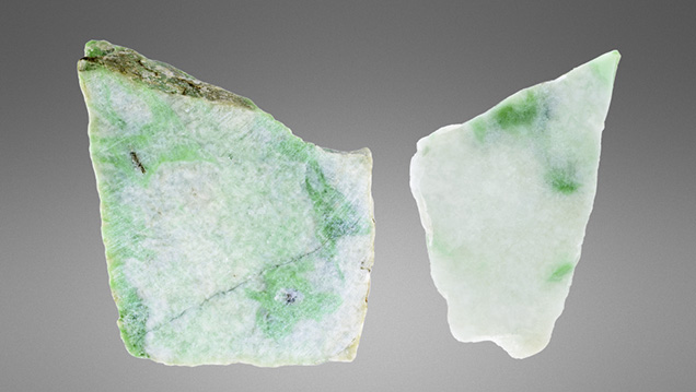 Jadeite measuring 3.4 cm and 1.8 cm wide.