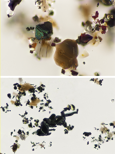 Magnetite, fluorite, and annite/phlogopite inclusions (top) and wolframoixiolite, fluorite, and mica inclusions (bottom).