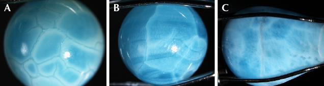 Quench-crackled dyed chalcedony showing fractures (left) and curved banding (center) compared with Larimar (right).