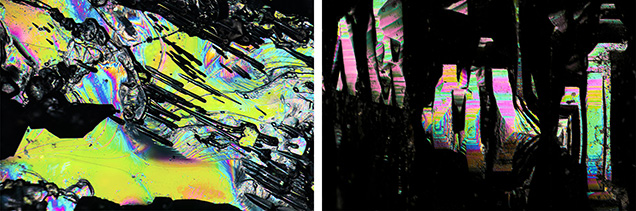 Unique patterns created during crystal growth seen with DIC imaging.