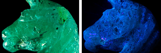 Figure 2. A closer look at the knight’s head (left, in daylight) reveals the material’s aggregate structure when viewed under long-wave ultraviolet light (right). Photos by Emily Jones.