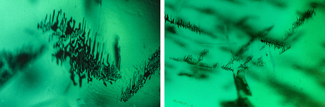 Figure 2. Left: The skeletal formation that usually indicates very rapid growth of the mineral. Right: Skeletal formations showing a cross-hatch pattern. Photomicrographs by Shiva Sohrabi; fields of view 1.26 mm (left) and 2.95 mm (right).