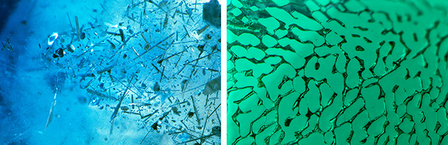 Figure 7. Needles and platelets of platinum crystals in flux-grown synthetic sapphire (left) and a partially healed fracture that trapped the flux-based growth medium in a flux-grown synthetic emerald (right). Photomicrographs by John I. Koivula (left) and Nathan Renfro (right; field of view 1.09 mm).