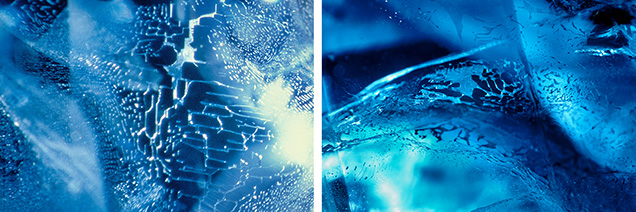 Figure 8. Images showing the similarity between fingerprints in some natural sapphires (left) and flux-healed fingerprints in some flux-grown synthetic sapphires (right), which could lead to confusion between the two. Photomicrographs by John I. Koivula.