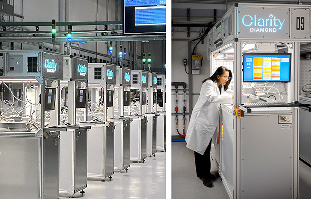 Figure 3. A CVD-grown diamond factory such as Clarity’s facility in Austin often has rows of reactors lined up (left). The reactors are carefully monitored throughout the growth period, as demonstrated by process engineer Dr. Amanda Charris (right). Courtesy of Clarity Diamond.