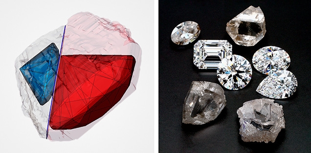 Figure 5. Planning CVD-grown rough diamond for cutting is done by computer-aided tools, which usually propose options for the cutters—in this case, the two round brilliants to be produced from one rough (left). Then cutters follow processes similar to those used for cutting and polishing natural diamonds (right, 3.16–5.44 ct). Courtesy of Clarity Diamond and HRA Group.