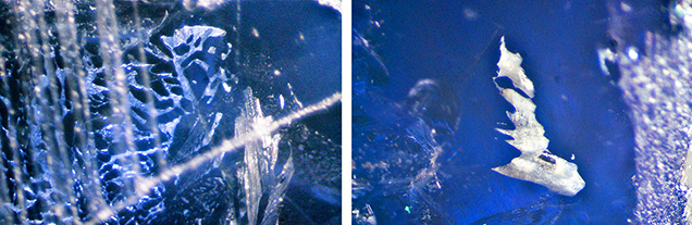 Figure 2. The flux-grown sapphire crystal contained white and opaque flux inclusions in the form of fingerprints (left) and flux-filled cavities (right). Photomicrographs by Gagan Choudhary; field of view 5.08 mm.