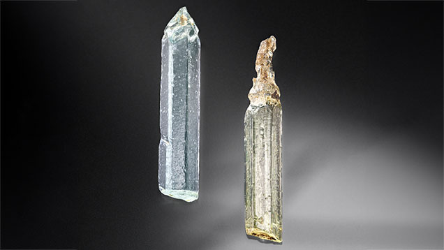 Figure 1. These aquamarine (left) and heliodor (right) crystals reported to be from China, measuring approximately 2 cm long and 0.4 cm wide, display distinctive etch pits. Photo by Adriana Robinson. Gift of Zeng Jiliang, GIA Museum nos. 20633 (left) and 20630 (right).