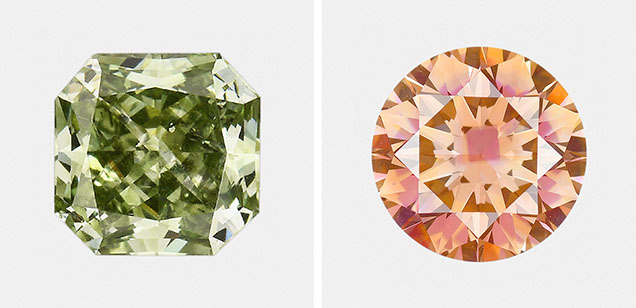 Figure 15. Left: A 0.42 ct Fancy Deep green HPHT-grown diamond that owes its color to high amounts of nickel doping (Johnson and Myagkaya, 2017). Right: A 2.20 ct Fancy Deep brownish orange treated HPHT-grown diamond with different defect concentrations created in the various growth sectors. Photos by Jian Xin (Jae) Liao (left) and Diego Sanchez (right).