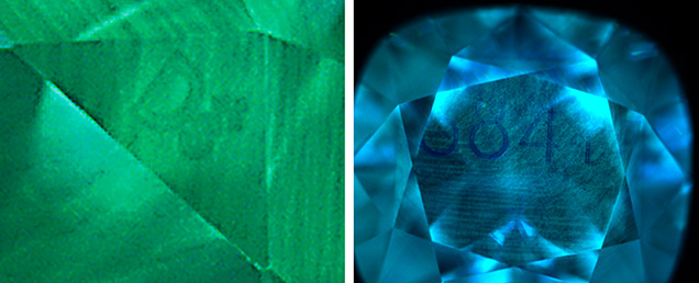 Figure 16. Left: This 0.60 ct I-color CVD-grown diamond shows a logo mark on the star facet that is only visible with fluorescence imaging. Right: The DiamondView image of a 1.93 ct F-color CVD-grown diamond shows numbers on the table facet. Images by Jemini Sawant.