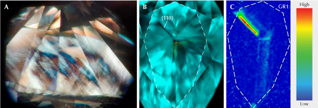 Figure 17. A: Unlike most HPHT-grown diamonds, this 1.60 ct D-color pear shows the presence of strain and anomalous birefringence when viewed through crossed polarizers. B: The deep-UV fluorescence image shows a common fluorescence color for colorless HPHT-grown diamonds. The various growth sectors are indicated. C: PL mapping of the peak area for the GR1 center using 633 nm excitation indicates it is largely limited to the {110} growth sector.