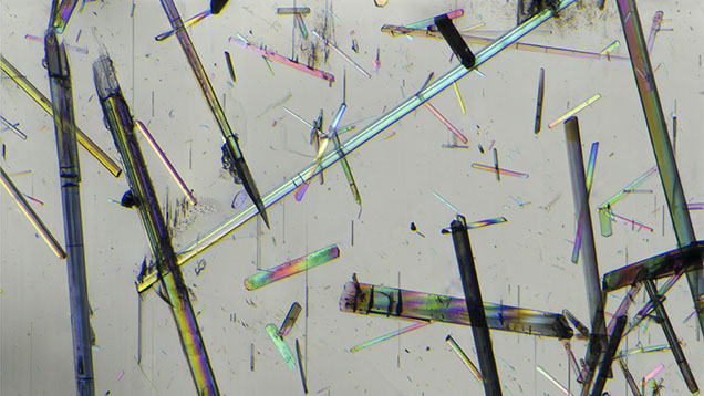 A pale blue aquamarine crystal from Pakistan contains a multitude of tourmaline inclusions that show vibrant interference colors using polarized light. Field of view 2.61 mm.