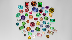 This collection of 50 tourmalines showcases the gem’s wide-ranging color palette. Photo by Robert Weldon; courtesy of Bruce A. Fry.