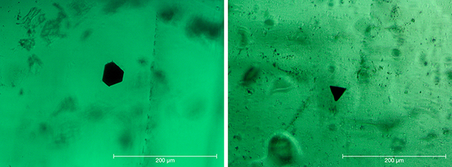 Hexagonal, trigonal opaque particles in Nacken synthetic emerald